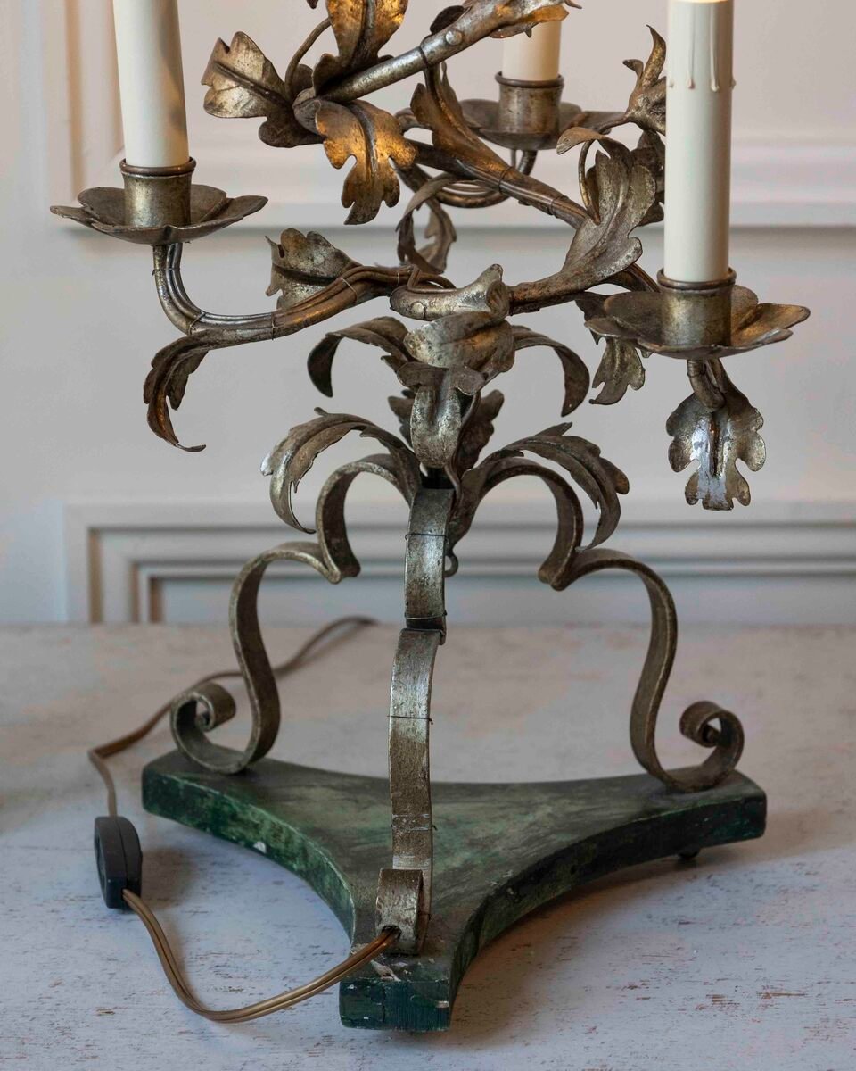 Pair Of Italian Candelabra 20th Century Silver-leaf Wrought Iron Foliate Lamps - JAA