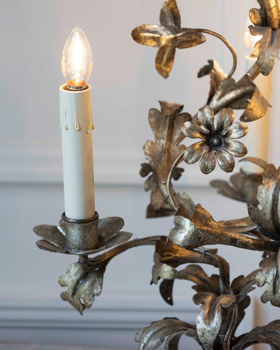 Pair Of Italian Candelabra 20th Century Silver-leaf Wrought Iron Foliate Lamps - JAA