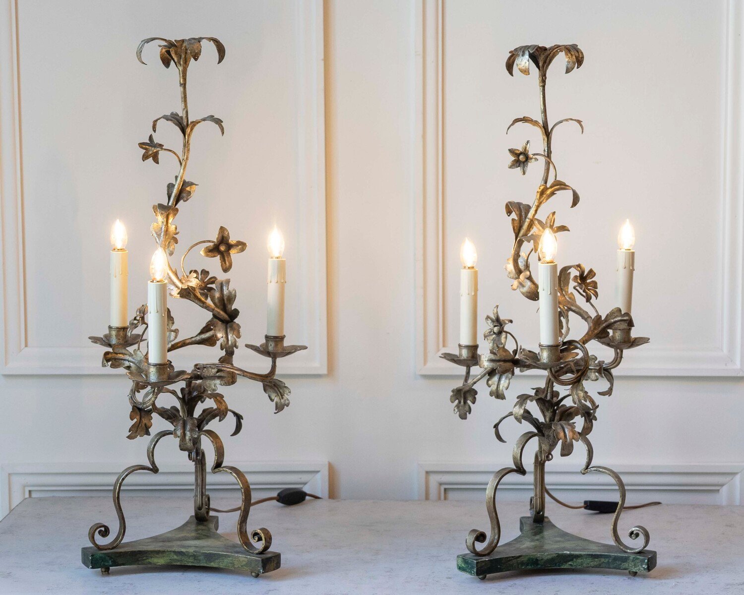 Pair Of Italian Candelabra 20th Century Silver-leaf Wrought Iron Foliate Lamps - JAA
