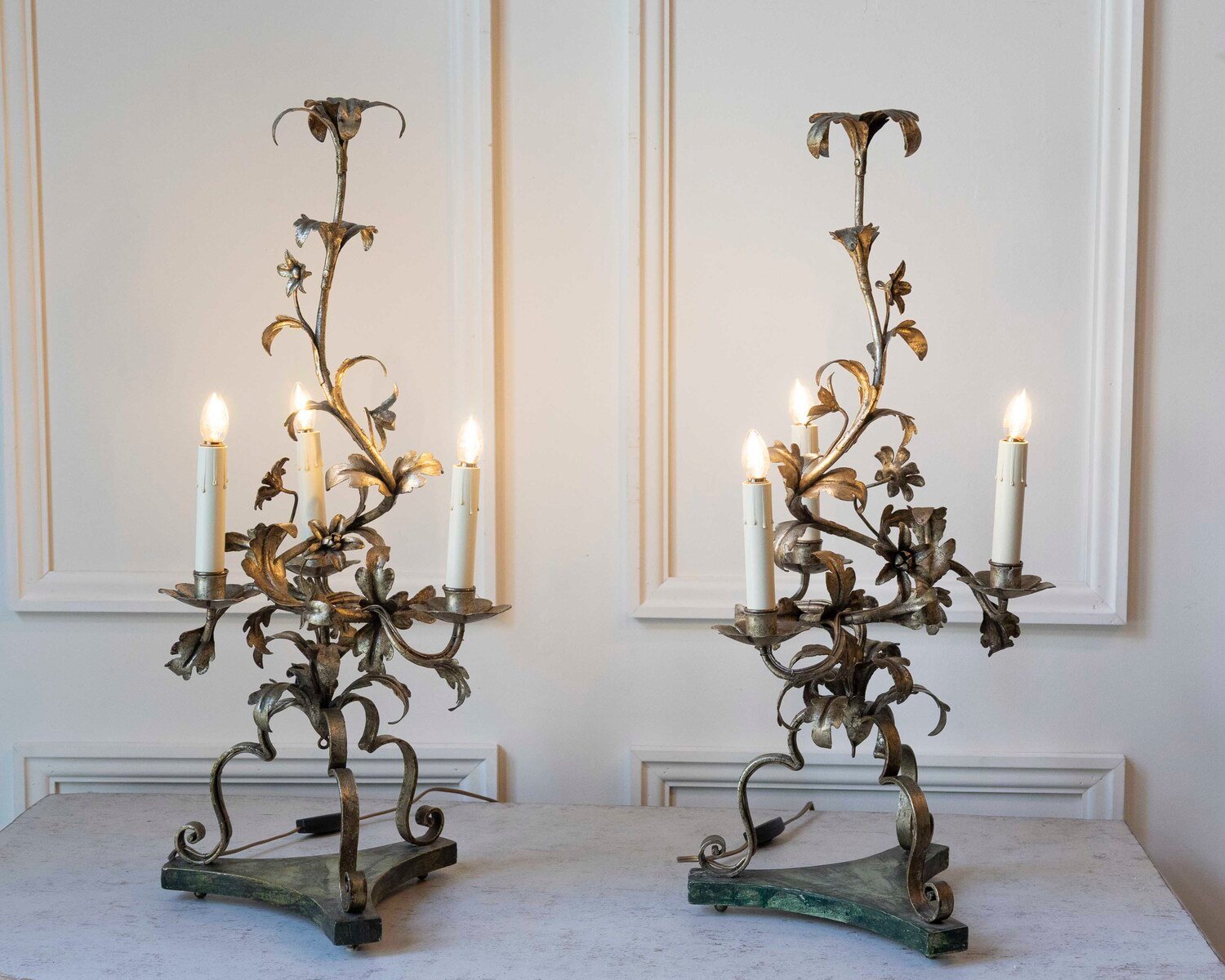 Pair Of Italian Candelabra 20th Century Silver-leaf Wrought Iron Foliate Lamps - JAA