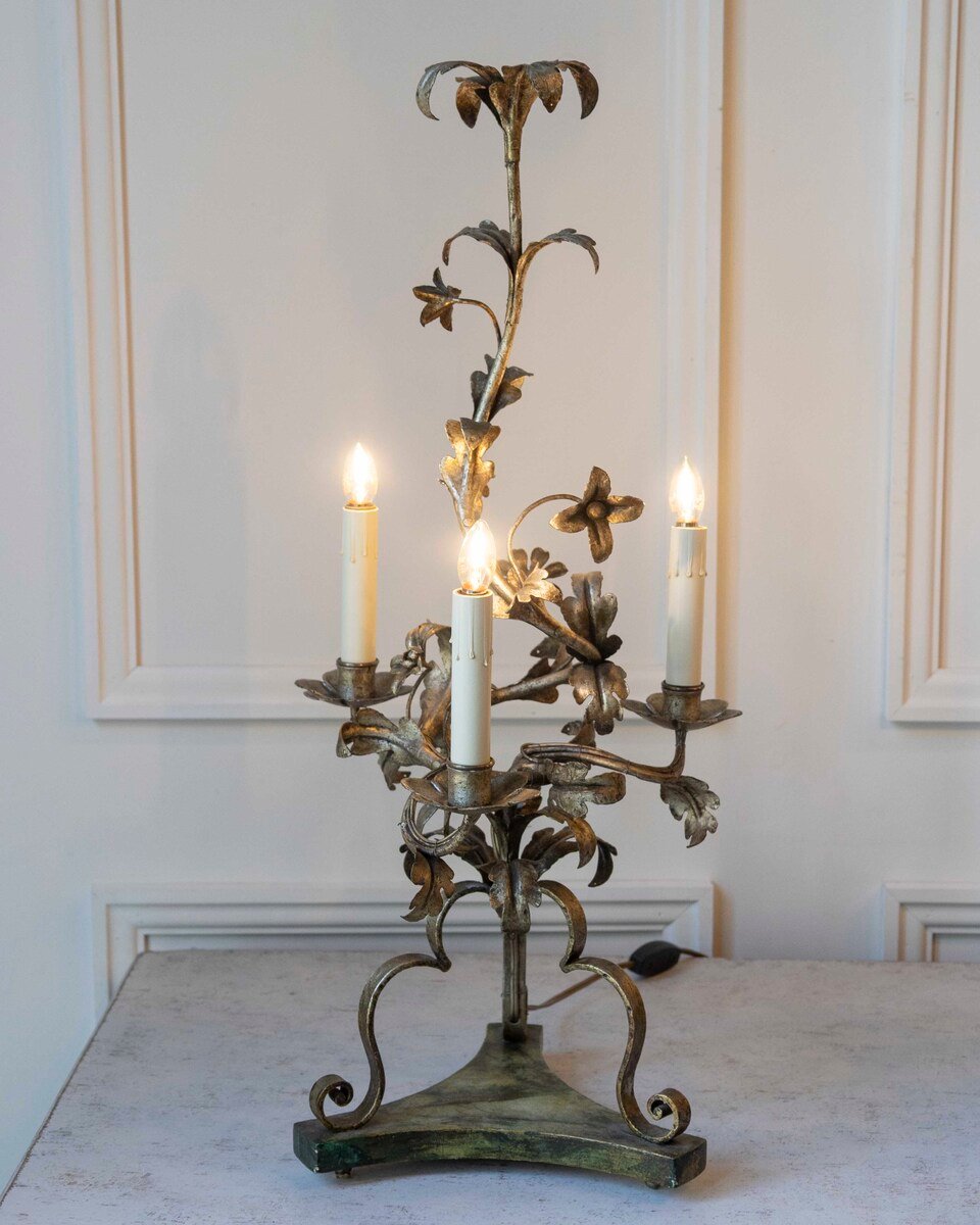 Pair Of Italian Candelabra 20th Century Silver-leaf Wrought Iron Foliate Lamps - JAA