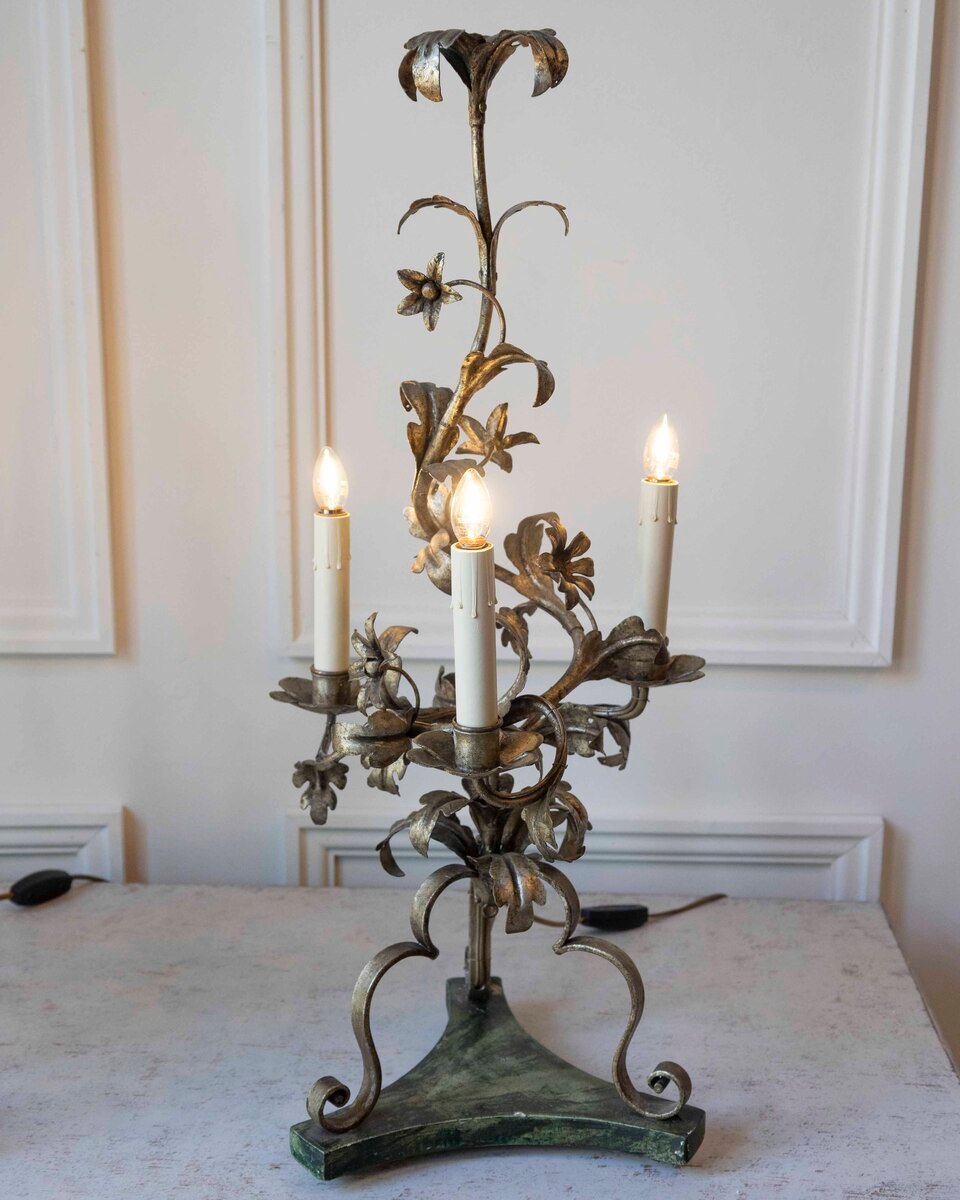 Pair Of Italian Candelabra 20th Century Silver-leaf Wrought Iron Foliate Lamps - JAA