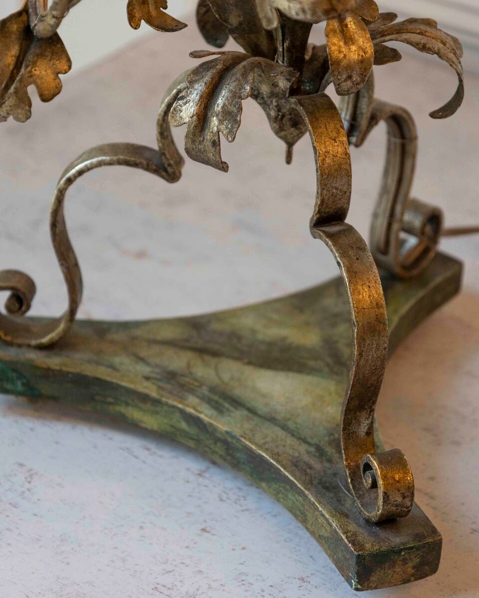 Pair Of Italian Candelabra 20th Century Silver-leaf Wrought Iron Foliate Lamps - JAA