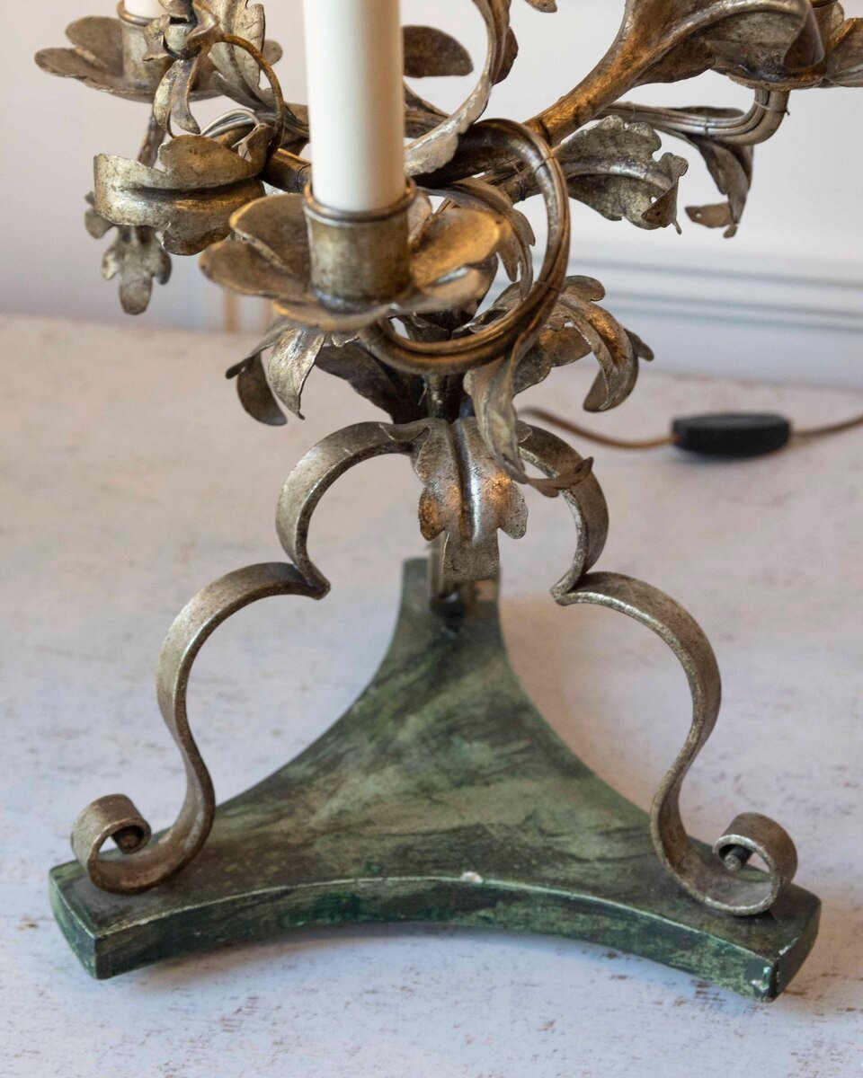 Pair Of Italian Candelabra 20th Century Silver-leaf Wrought Iron Foliate Lamps - JAA
