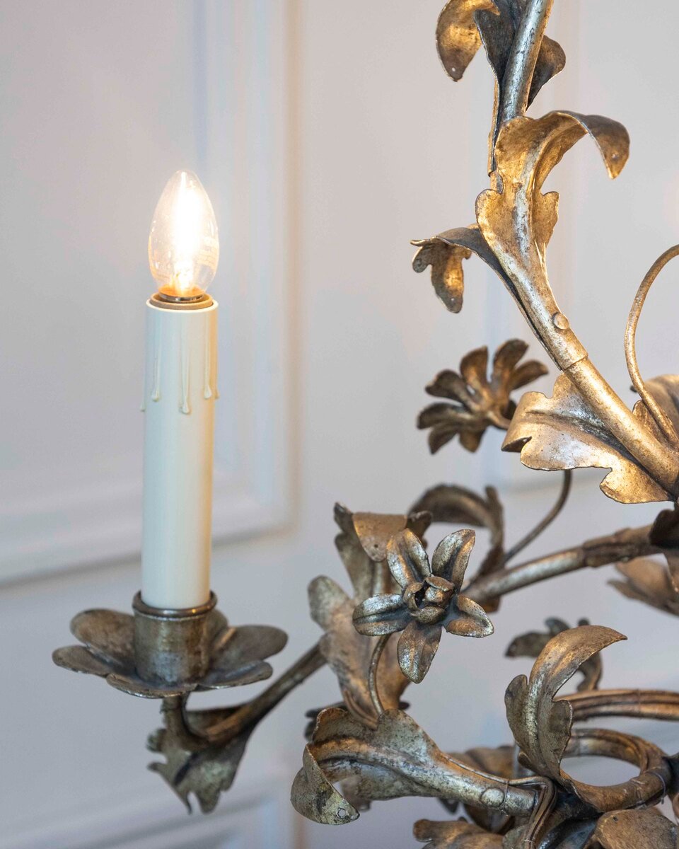 Pair Of Italian Candelabra 20th Century Silver-leaf Wrought Iron Foliate Lamps - JAA