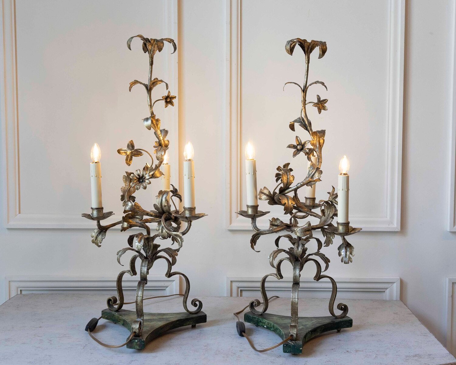 Pair Of Italian Candelabra 20th Century Silver-leaf Wrought Iron Foliate Lamps - JAA