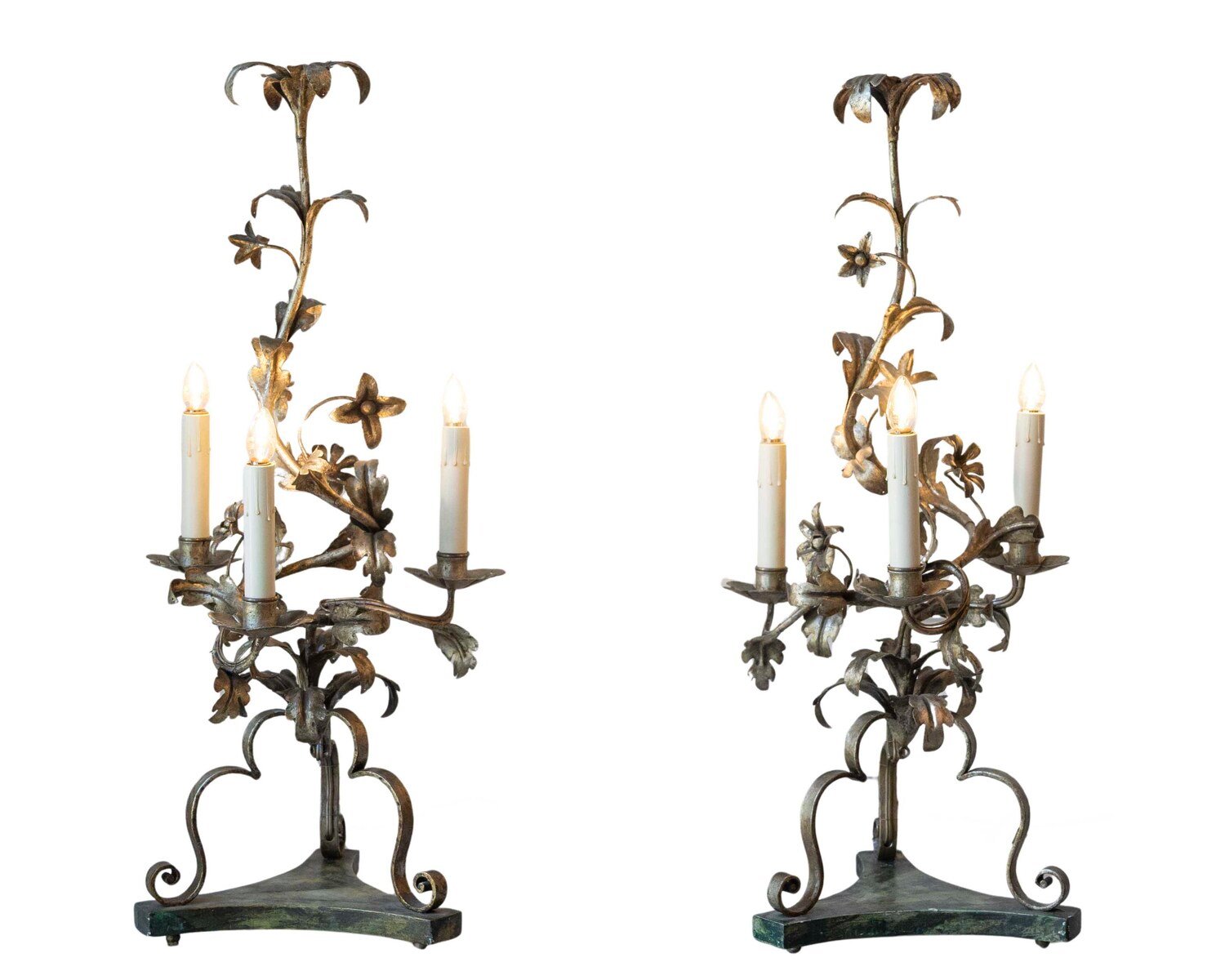 Pair Of Italian Candelabra 20th Century Silver-leaf Wrought Iron Foliate Lamps