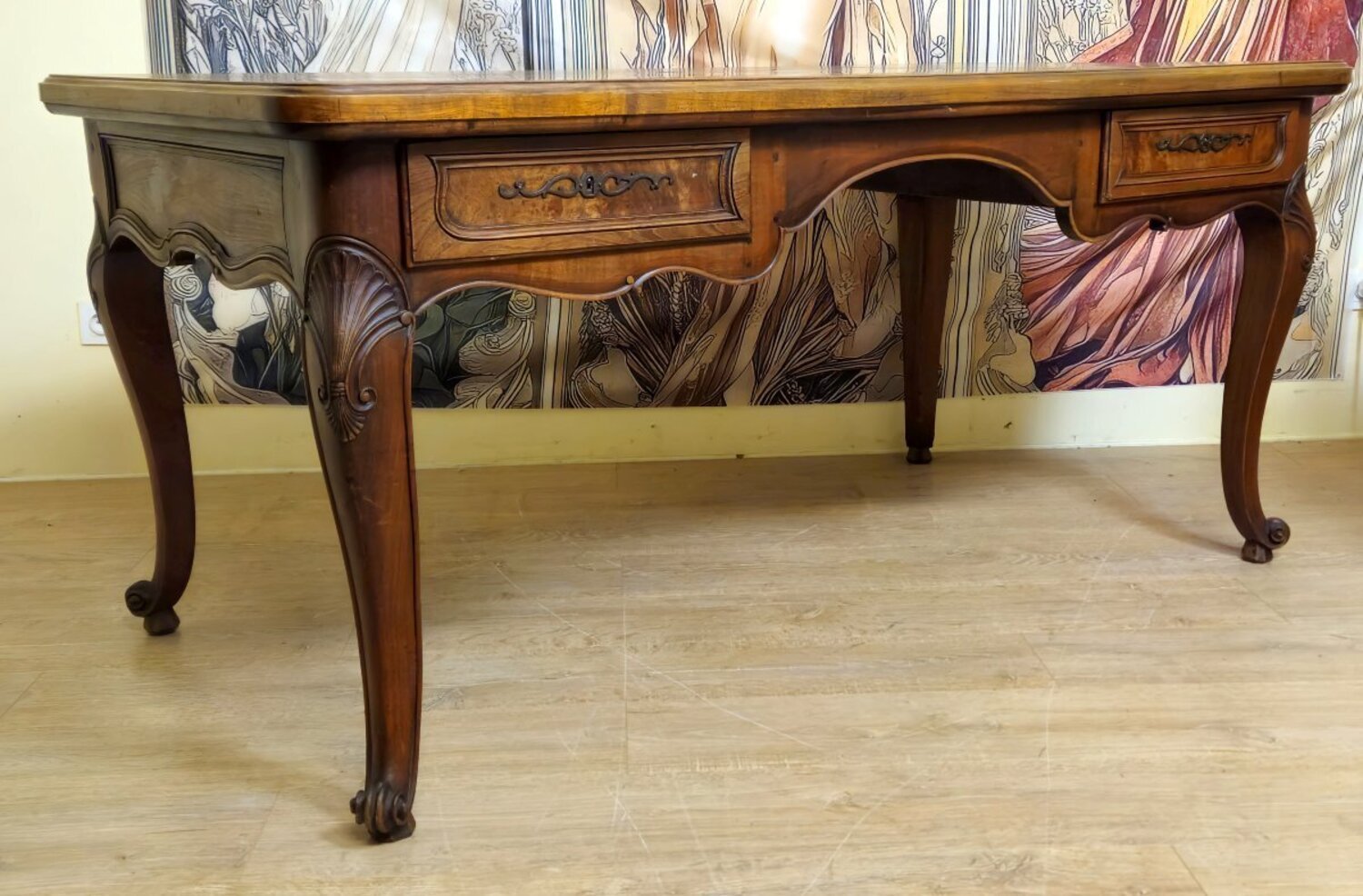 Louis XV Style Flat Center Desk in Walnut and Elm - JAA
