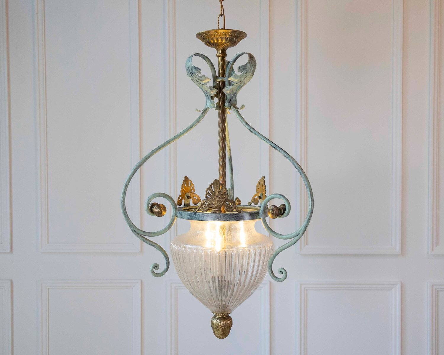 Vintage Green Painted Wrought Iron Lantern with Blown Glass Bowl - JAA
