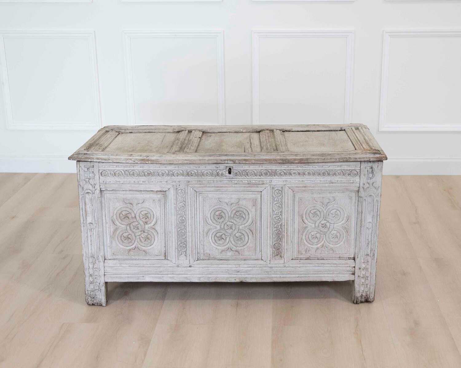 Early 18th C stripped and bleached carved oak coffer. 1720. - JAA