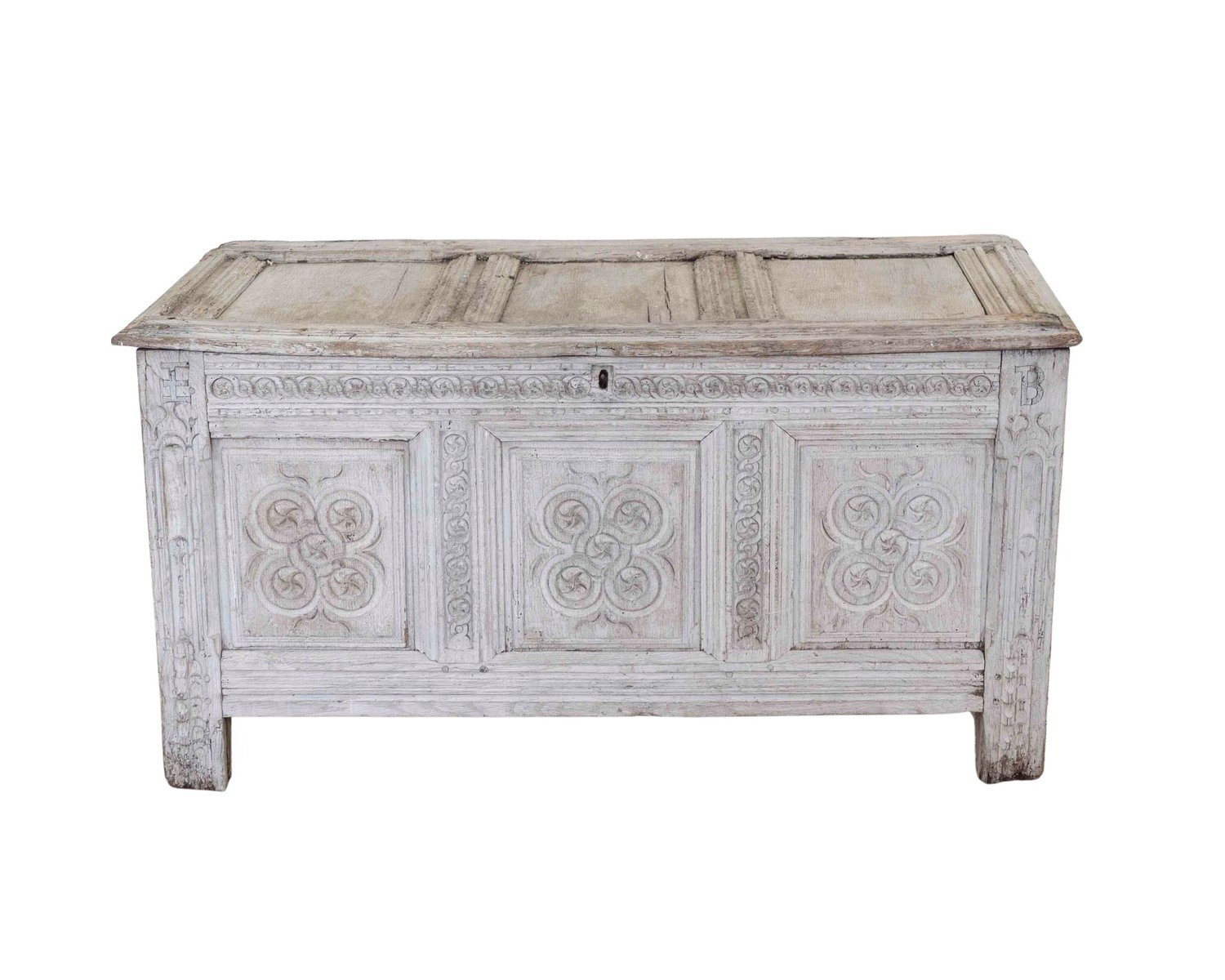 Early 18th C stripped and bleached carved oak coffer. 1720.