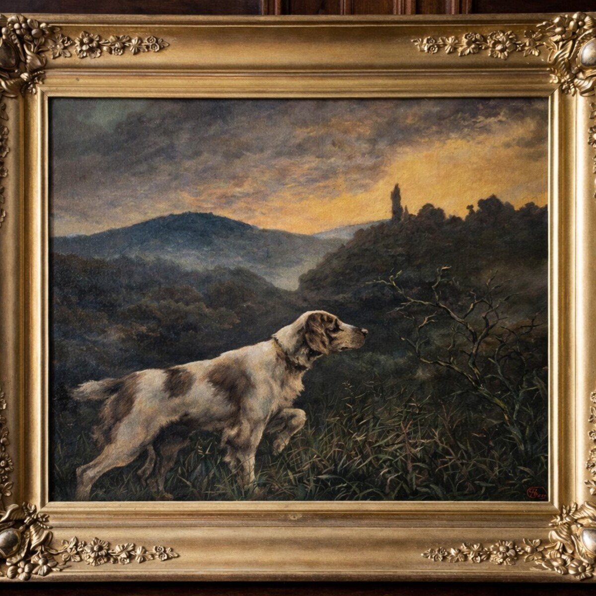Oil on canvas – Pointing Dog in a Landscape – French School, 19th century. - JAA