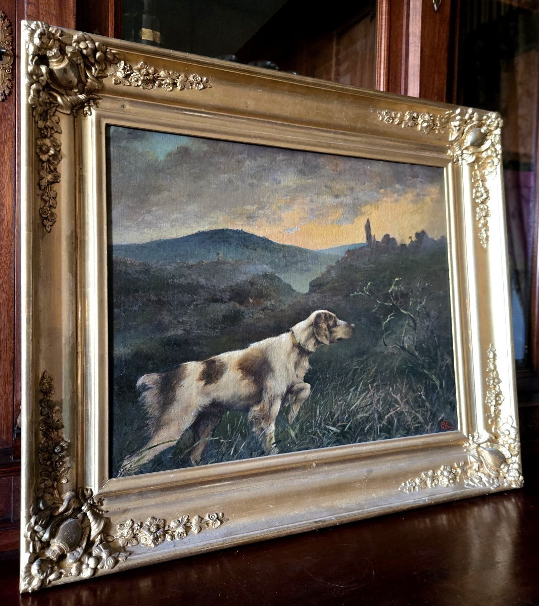 Oil on canvas – Pointing Dog in a Landscape – French School, 19th century. - JAA