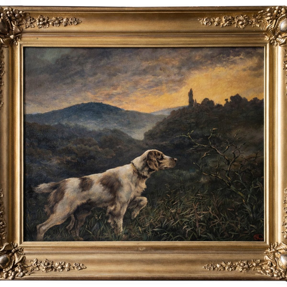 Oil on canvas – Pointing Dog in a Landscape – French School, 19th century. - JAA