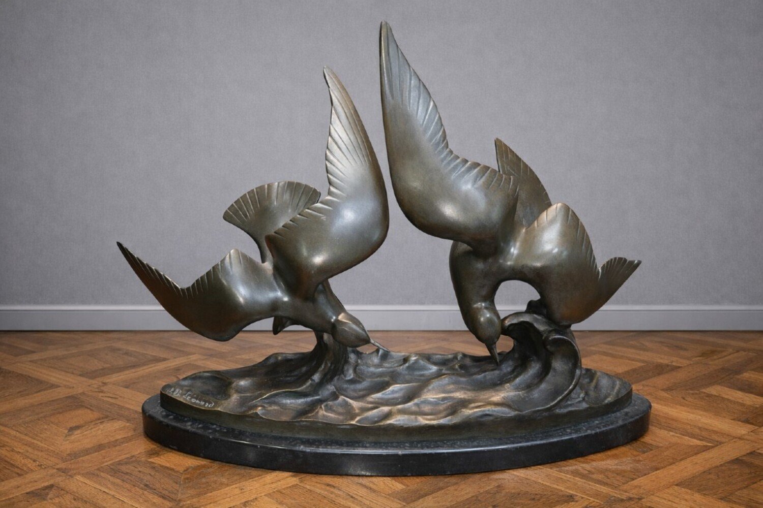 Large antique bronze sculpture depicting two seagulls in flight - JAA