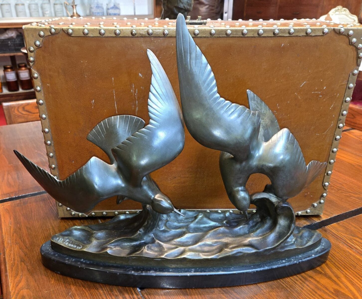 Large antique bronze sculpture depicting two seagulls in flight - JAA