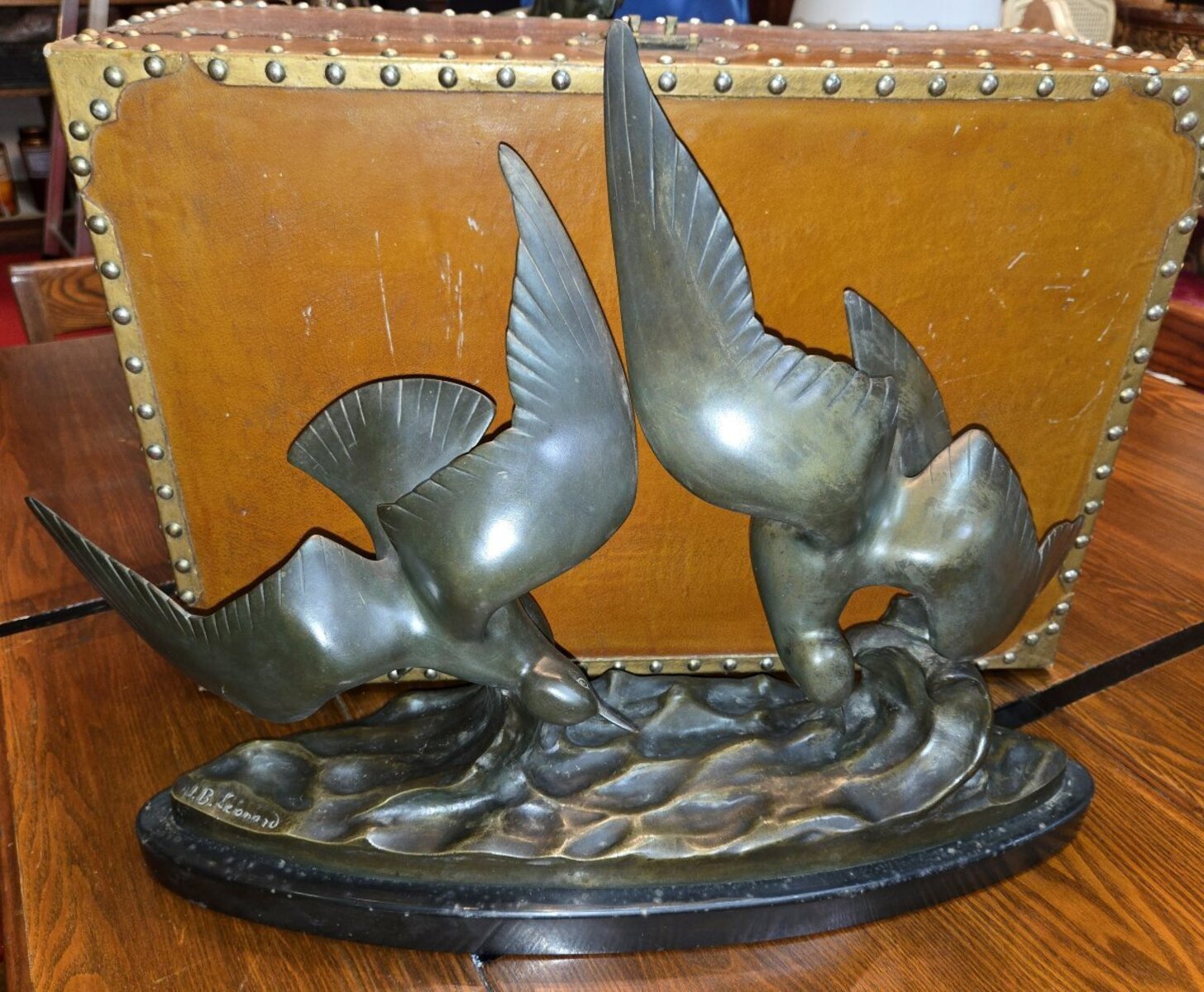 Large antique bronze sculpture depicting two seagulls in flight - JAA