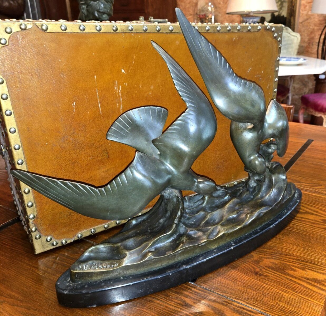 Large antique bronze sculpture depicting two seagulls in flight - JAA