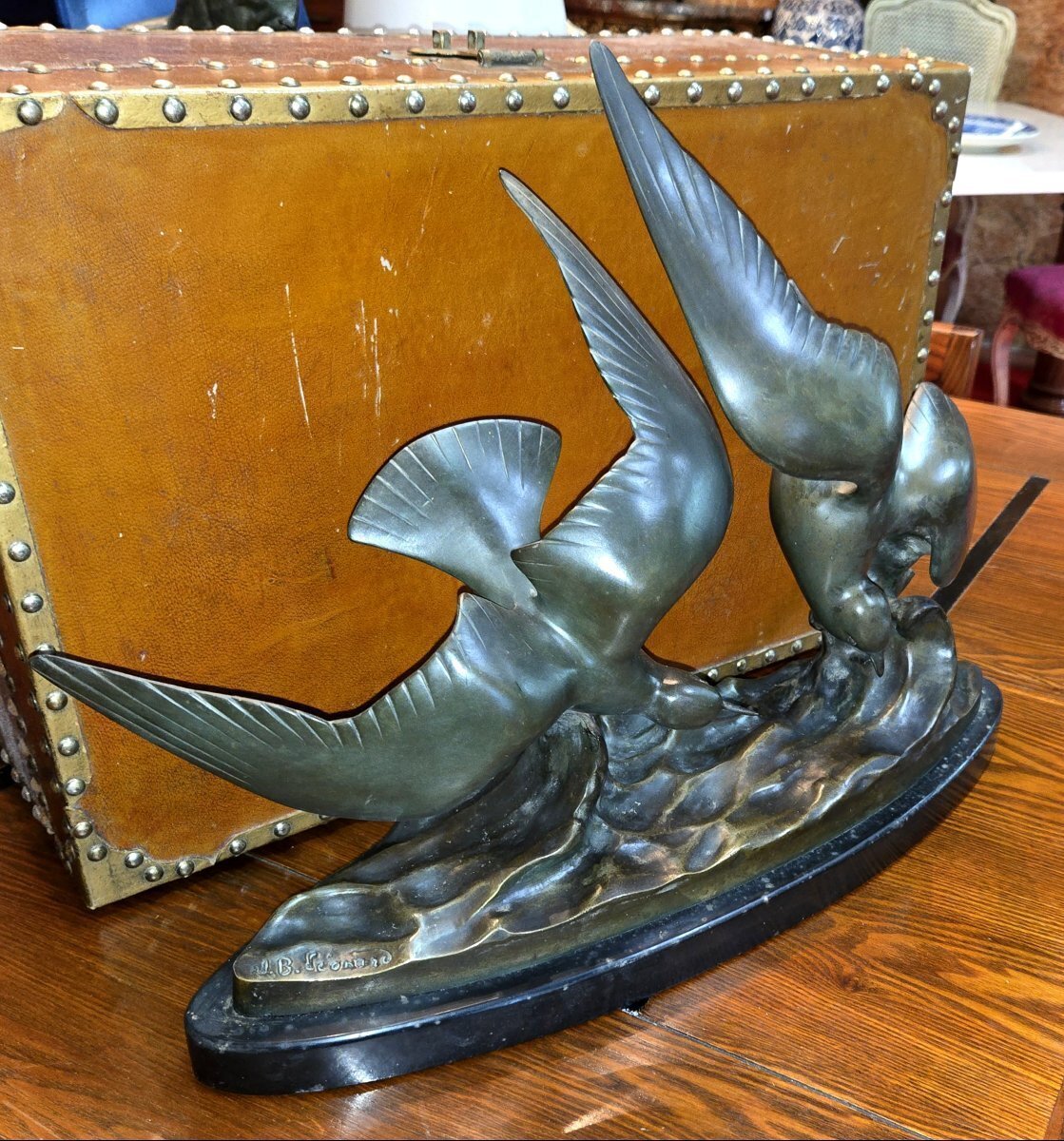 Large antique bronze sculpture depicting two seagulls in flight - JAA