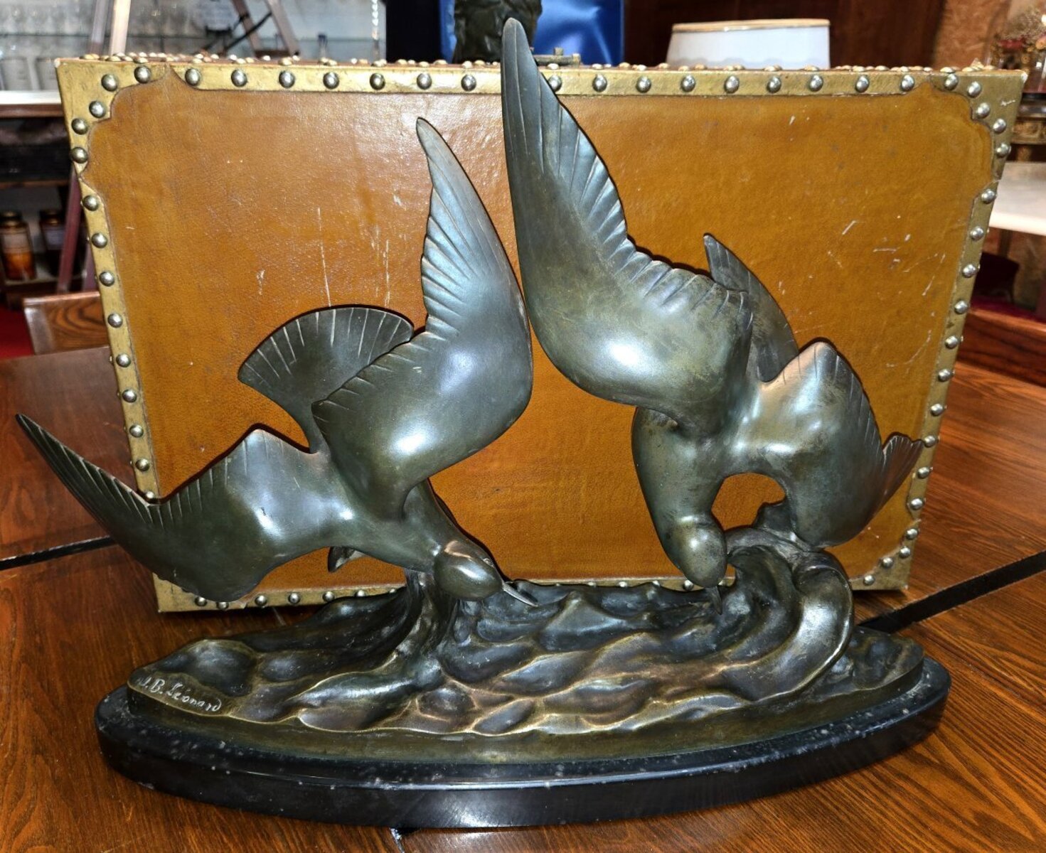 Large antique bronze sculpture depicting two seagulls in flight - JAA