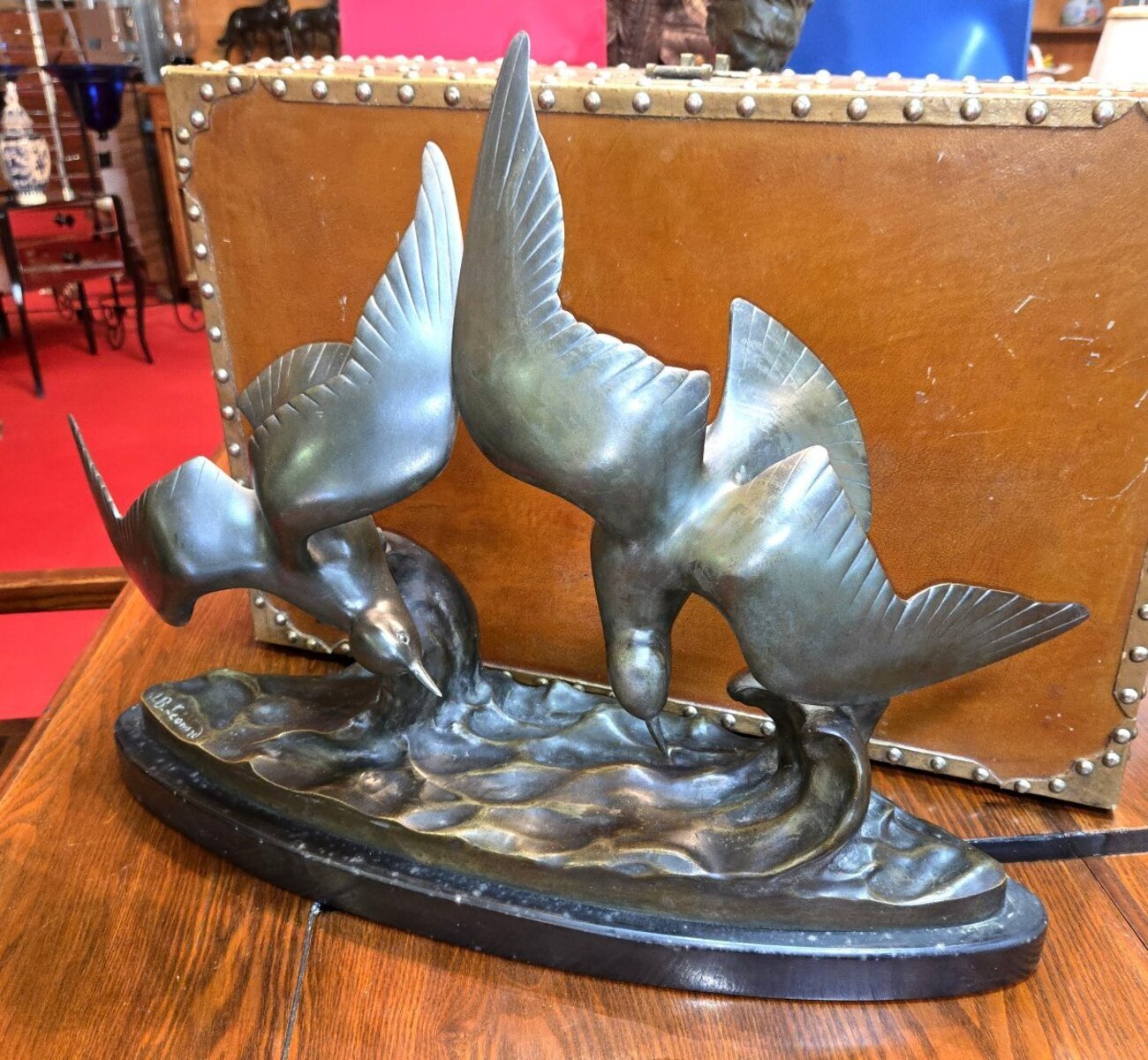 Large antique bronze sculpture depicting two seagulls in flight - JAA