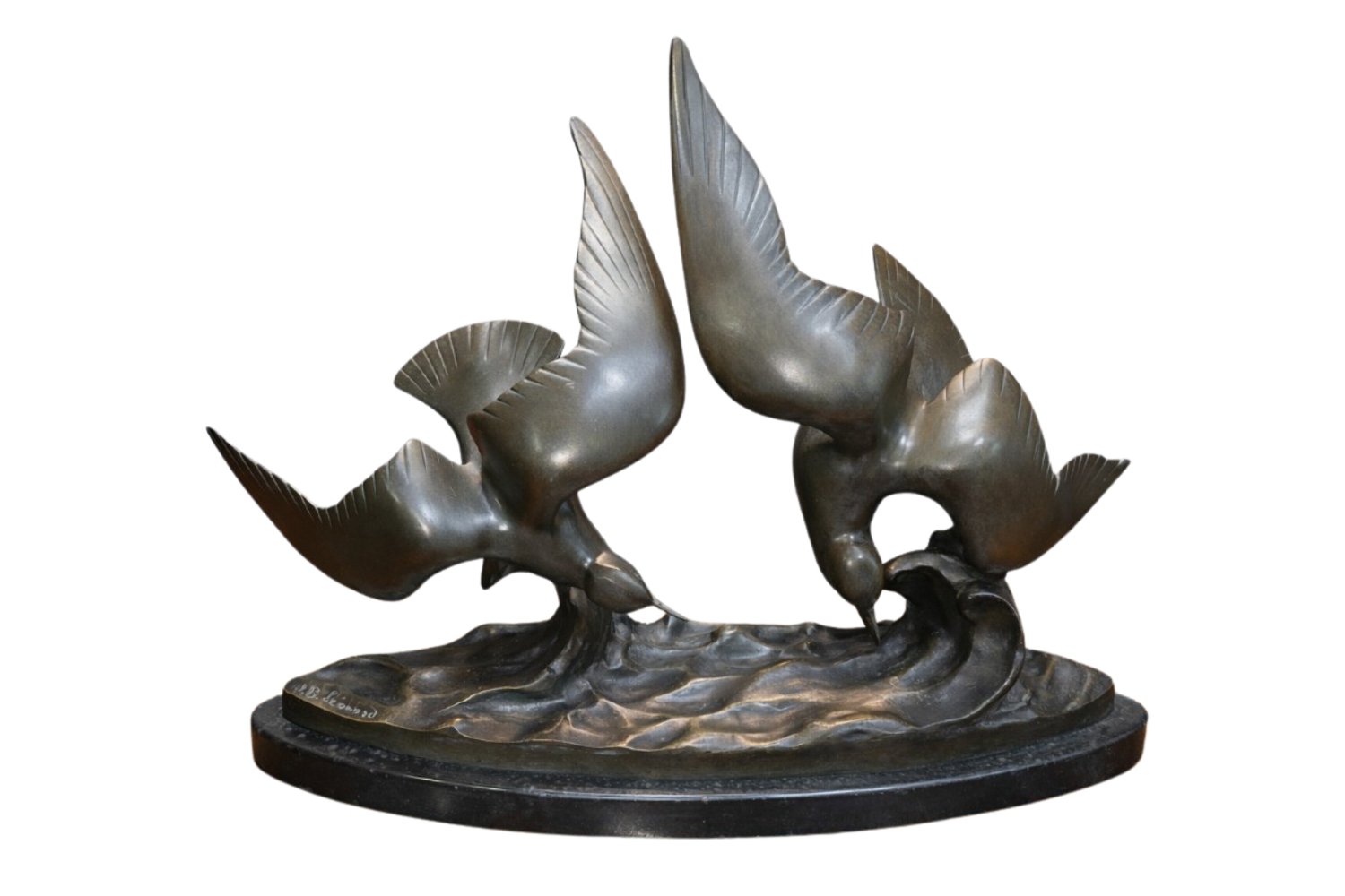 Large antique bronze sculpture depicting two seagulls in flight