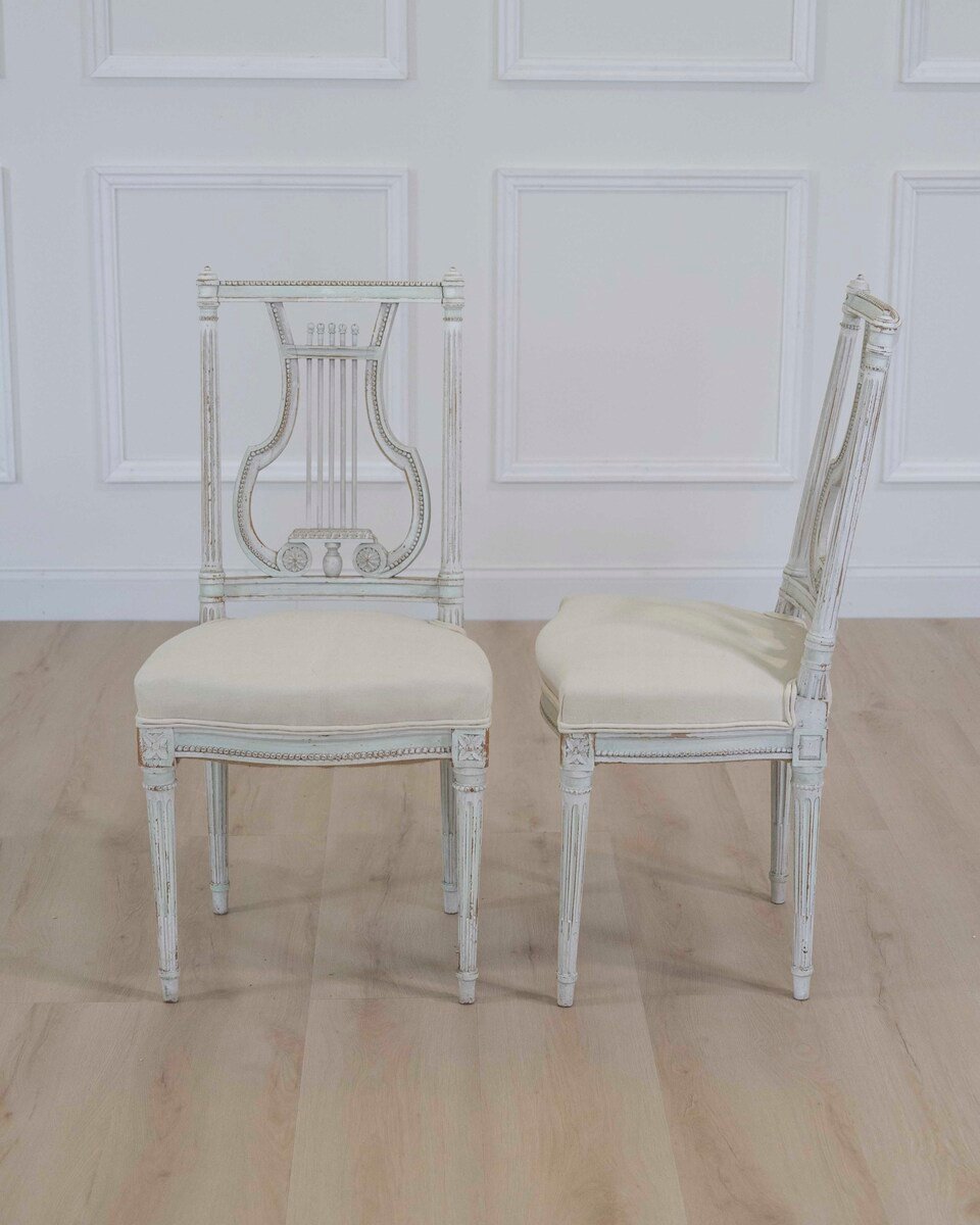 Pair of Antique French Neoclassical Painted Chairs in Antique Linen - JAA