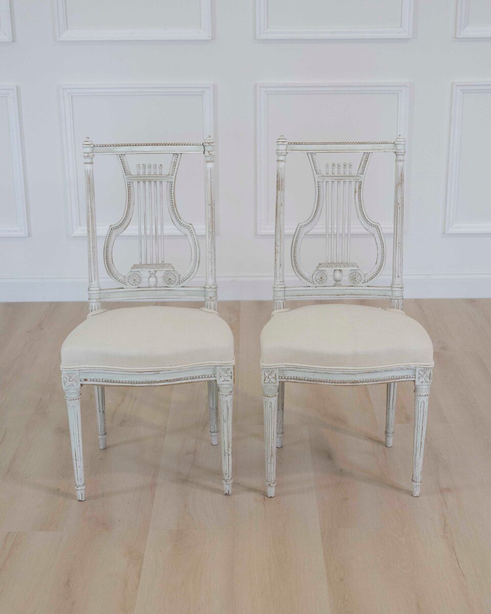 Pair of Antique French Neoclassical Painted Chairs in Antique Linen - JAA