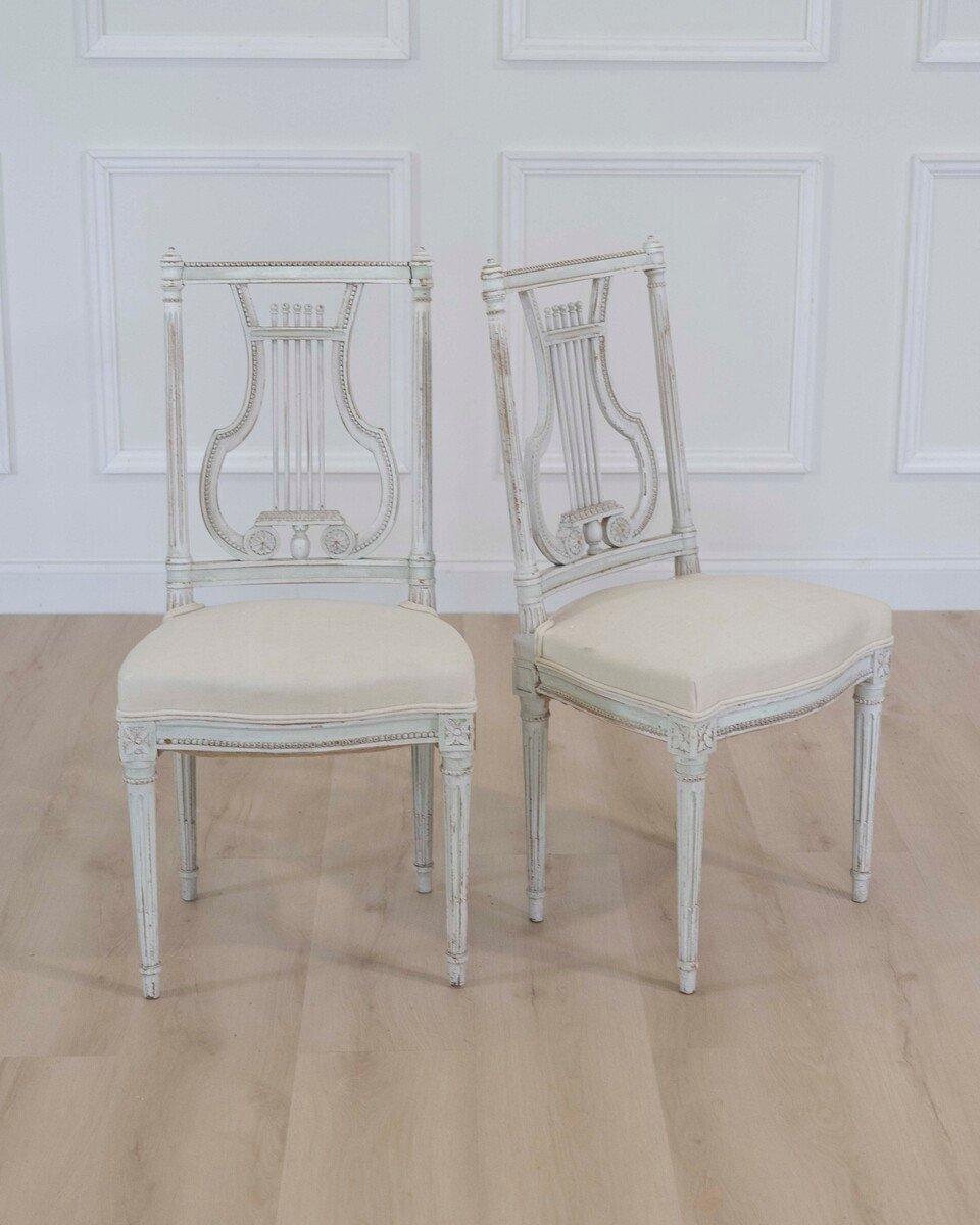 Pair of Antique French Neoclassical Painted Chairs in Antique Linen - JAA