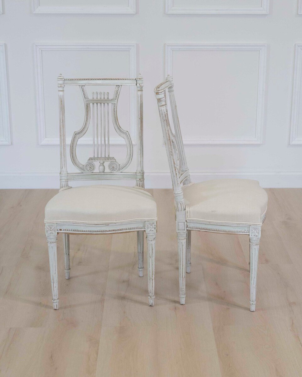 Pair of Antique French Neoclassical Painted Chairs in Antique Linen - JAA