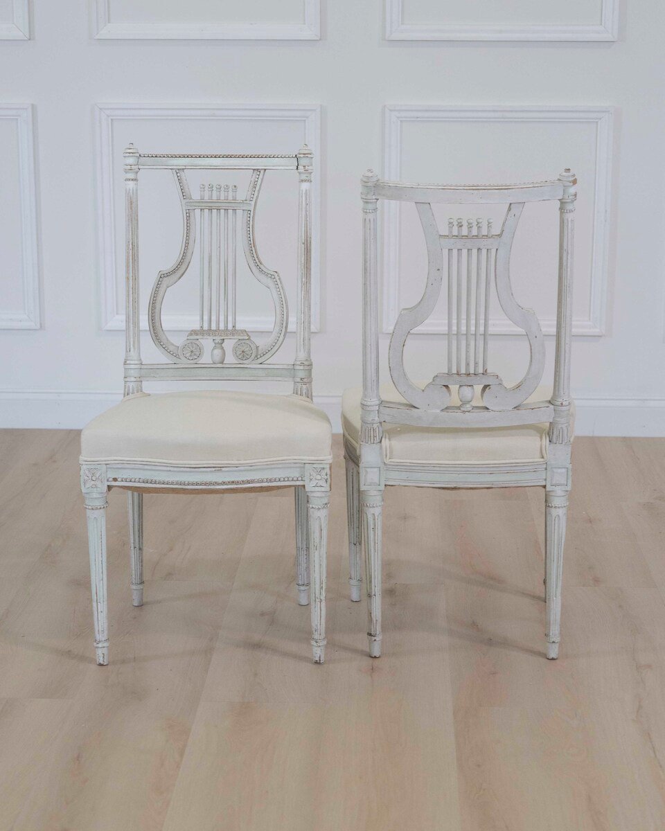 Pair of Antique French Neoclassical Painted Chairs in Antique Linen - JAA