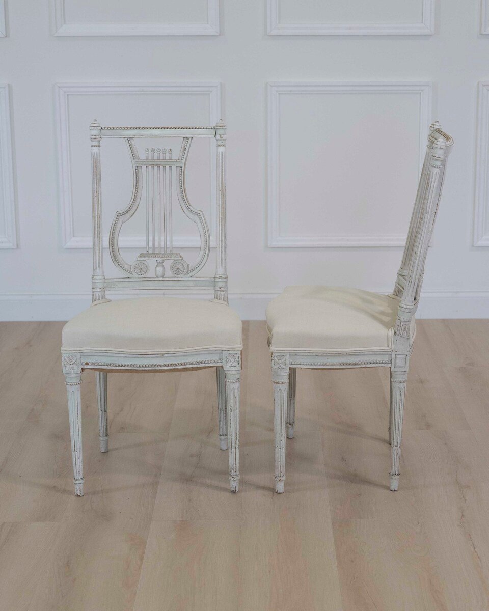 Pair of Antique French Neoclassical Painted Chairs in Antique Linen - JAA