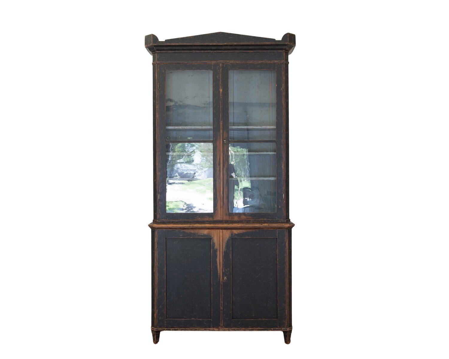Tall early 19th Century bookcase with adjustable shelves, repainted in black and with a blue interior circa 1820