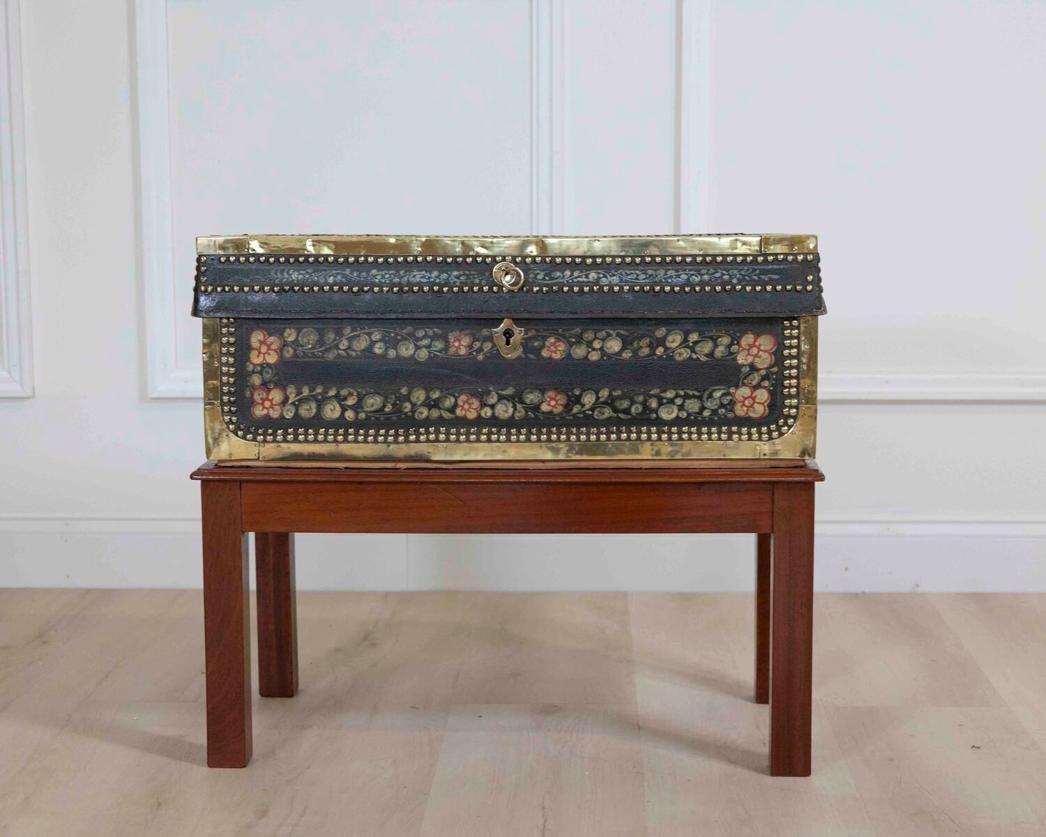 Chinese 19th Century Painted Leather Camphor Trunk on Stand - JAA