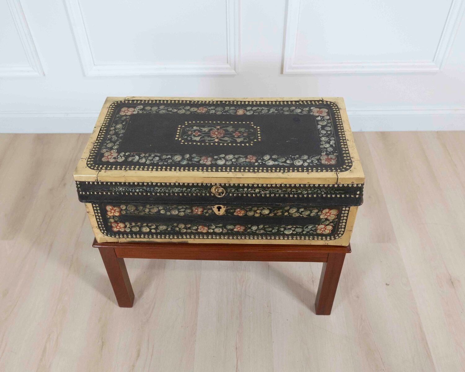 Chinese 19th Century Painted Leather Camphor Trunk on Stand - JAA