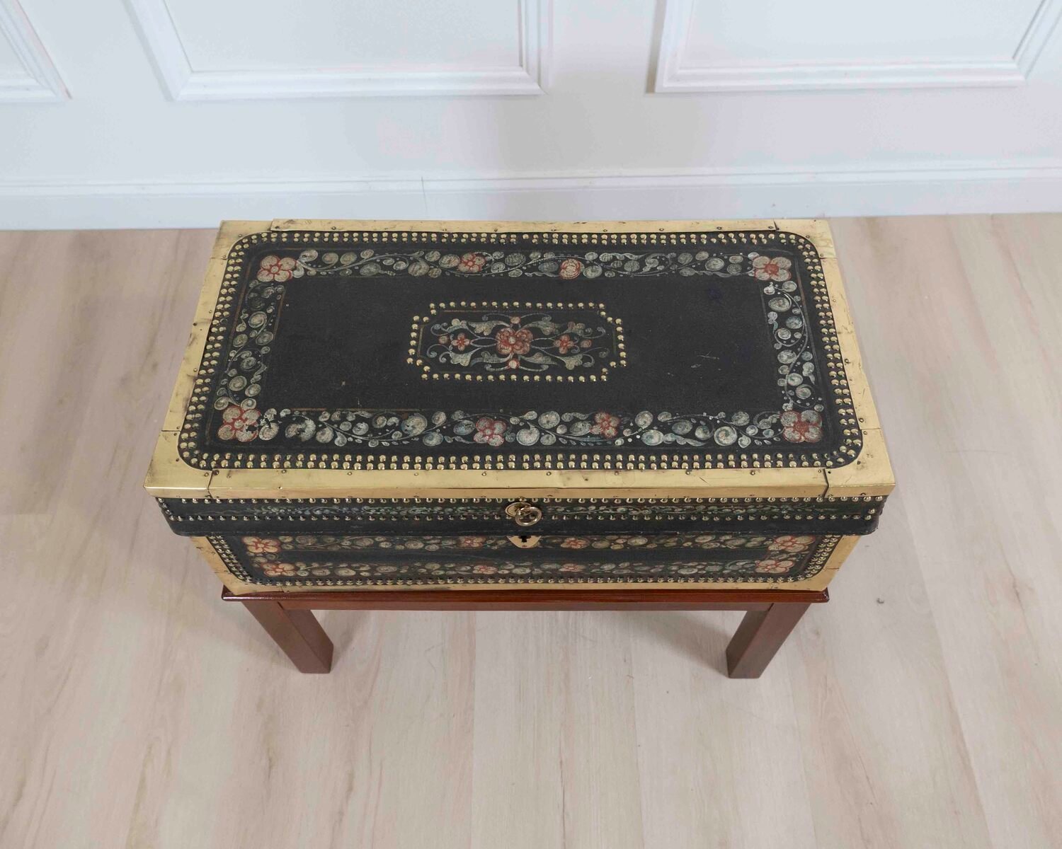 Chinese 19th Century Painted Leather Camphor Trunk on Stand - JAA
