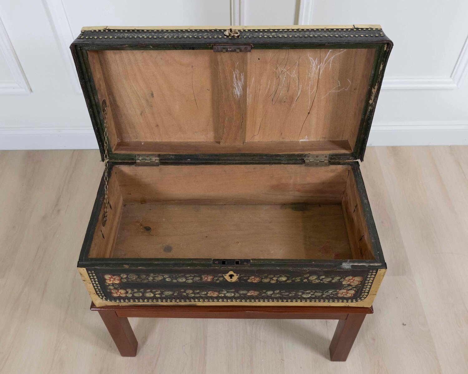 Chinese 19th Century Painted Leather Camphor Trunk on Stand - JAA