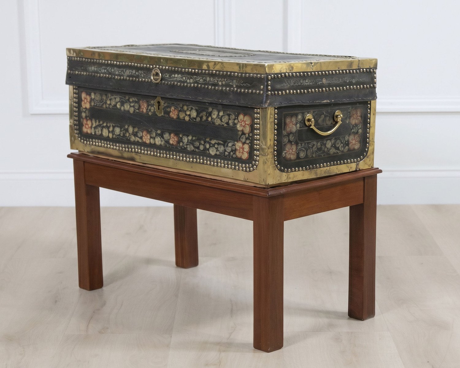 Chinese 19th Century Painted Leather Camphor Trunk on Stand - JAA