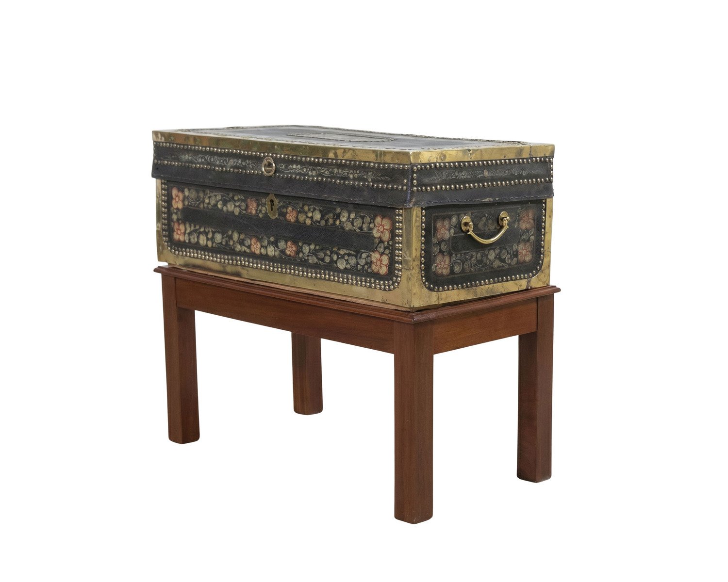 Chinese 19th Century Painted Leather Camphor Trunk on Stand