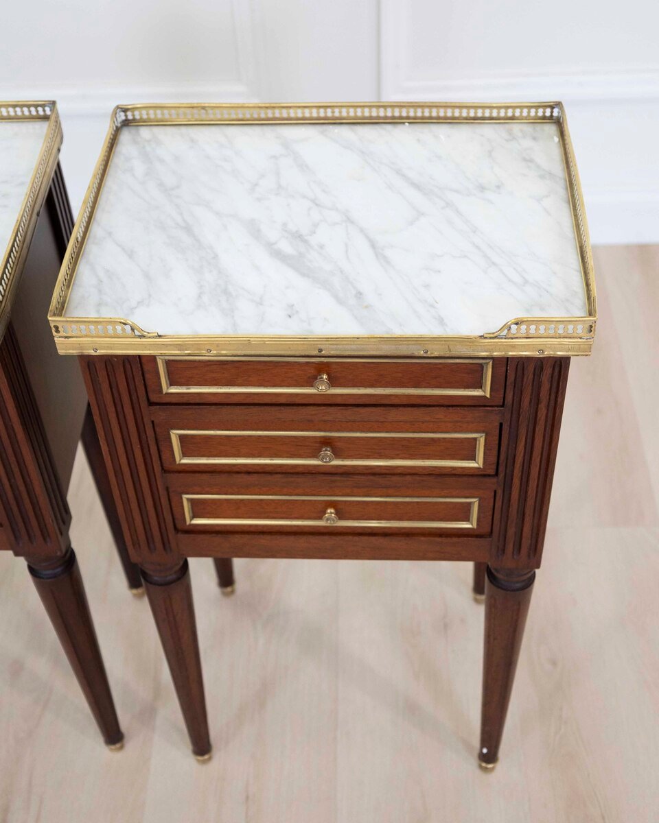 Pair of French 20th Century Louis XVI Style Mahogany Marble-Top Bedside Tables - JAA