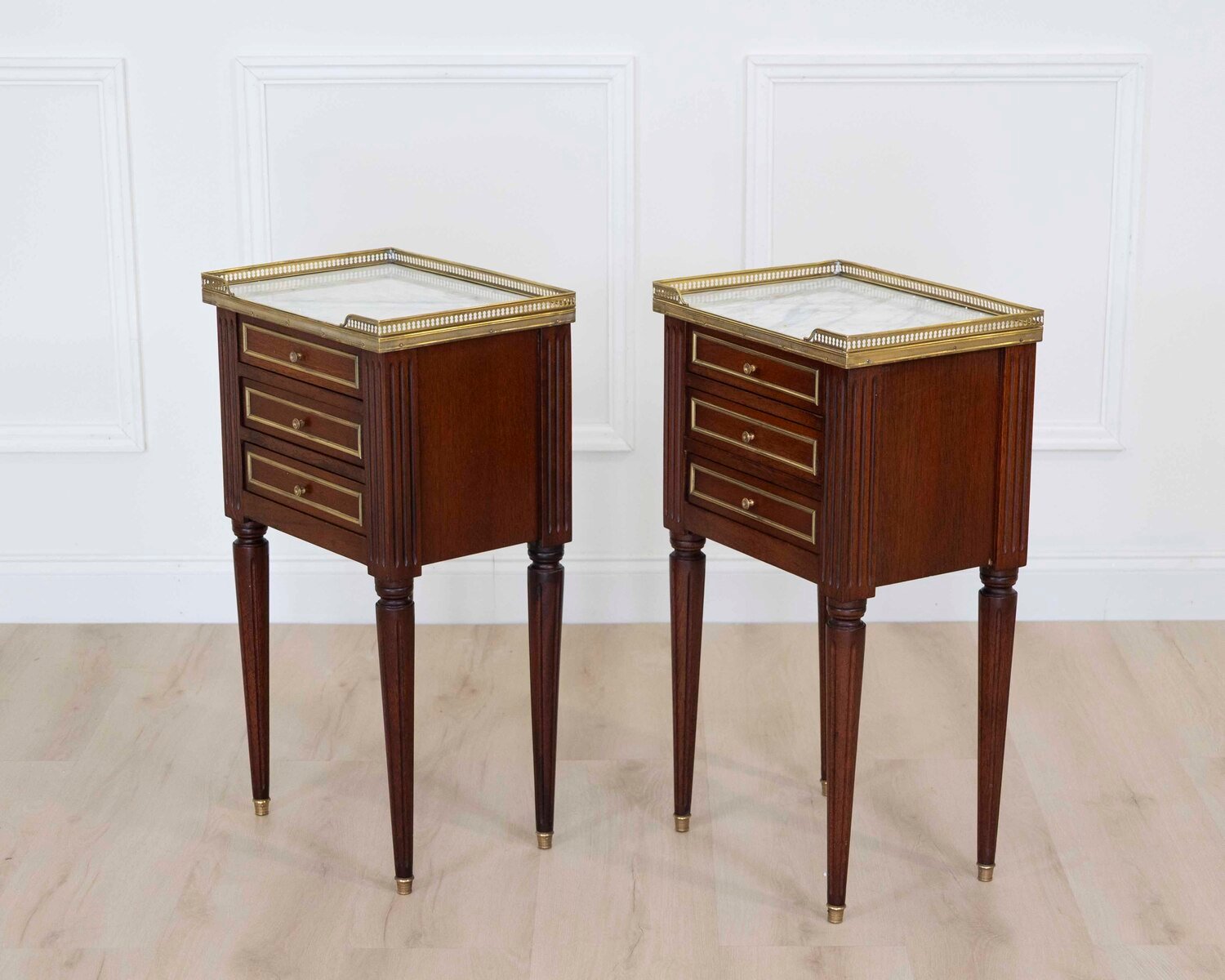 Pair of French 20th Century Louis XVI Style Mahogany Marble-Top Bedside Tables - JAA
