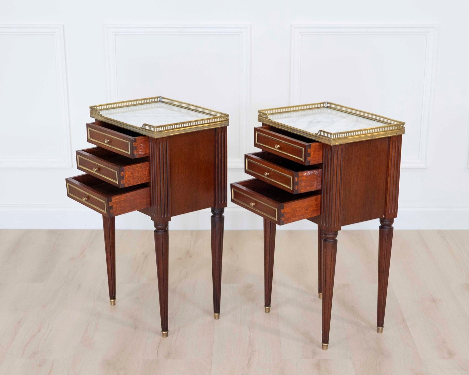 Pair of French 20th Century Louis XVI Style Mahogany Marble-Top Bedside Tables - JAA