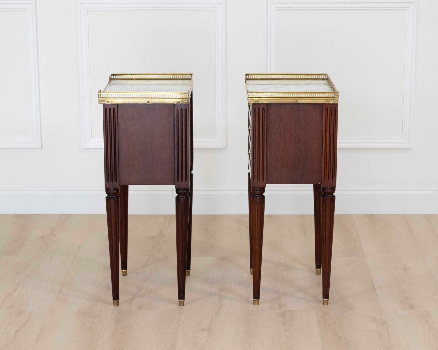 Pair of French 20th Century Louis XVI Style Mahogany Marble-Top Bedside Tables - JAA