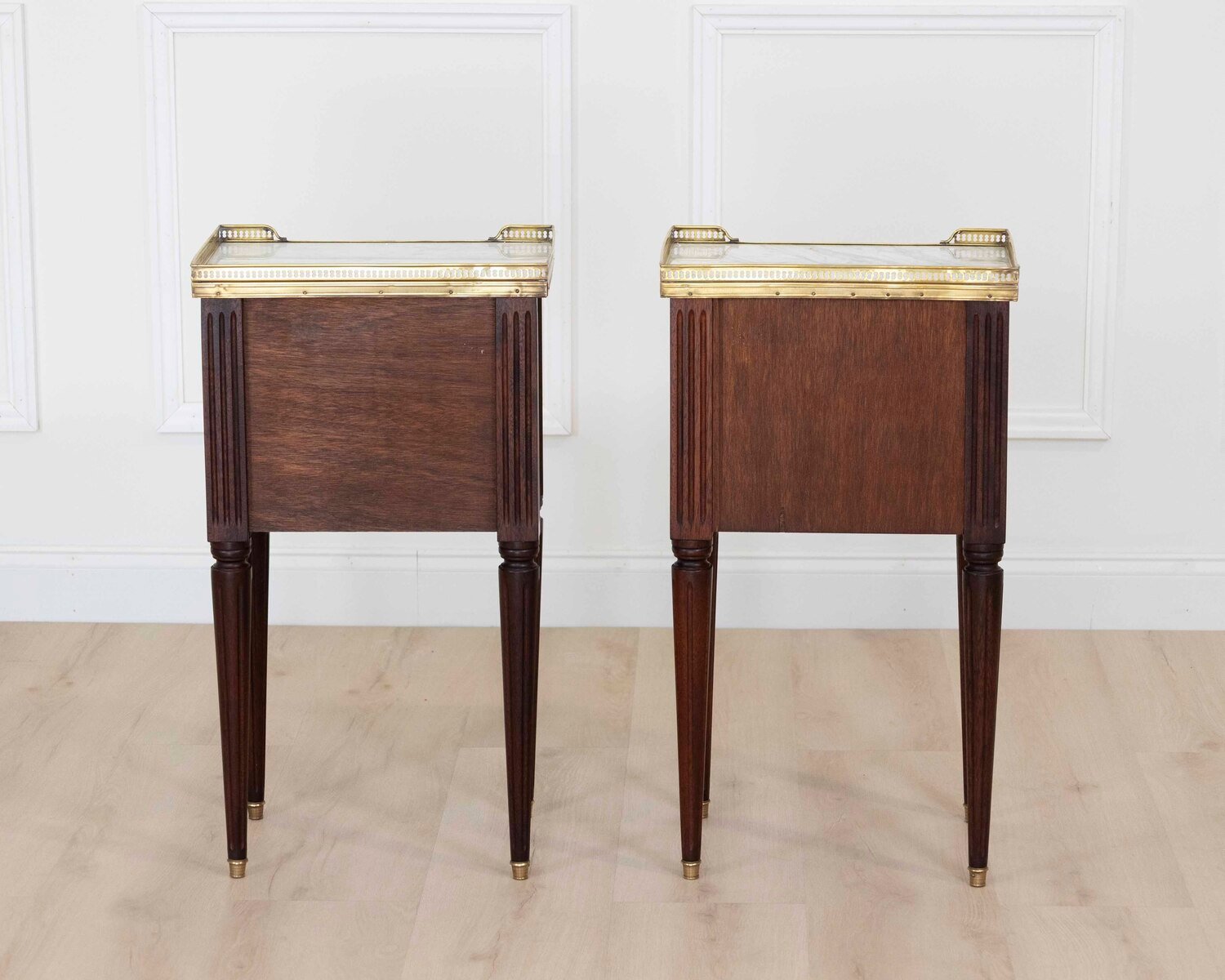 Pair of French 20th Century Louis XVI Style Mahogany Marble-Top Bedside Tables - JAA