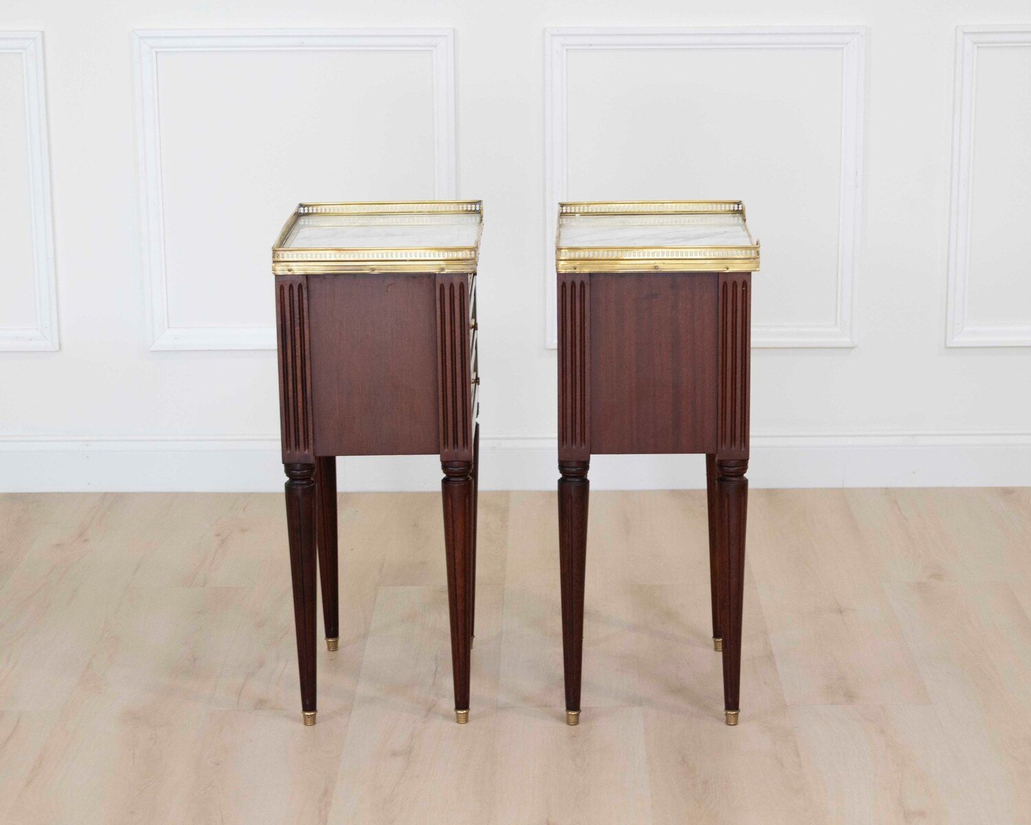 Pair of French 20th Century Louis XVI Style Mahogany Marble-Top Bedside Tables - JAA