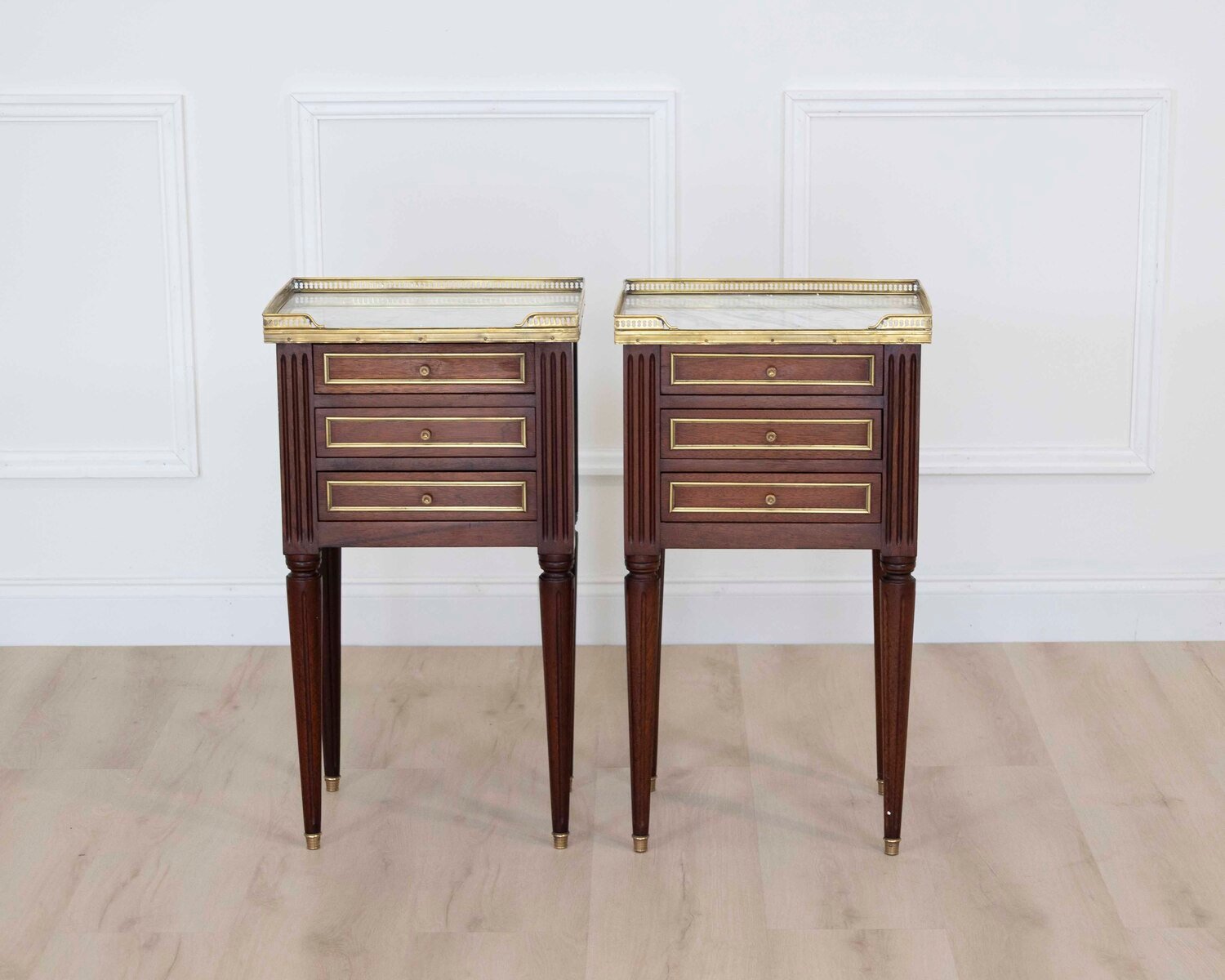 Pair of French 20th Century Louis XVI Style Mahogany Marble-Top Bedside Tables - JAA