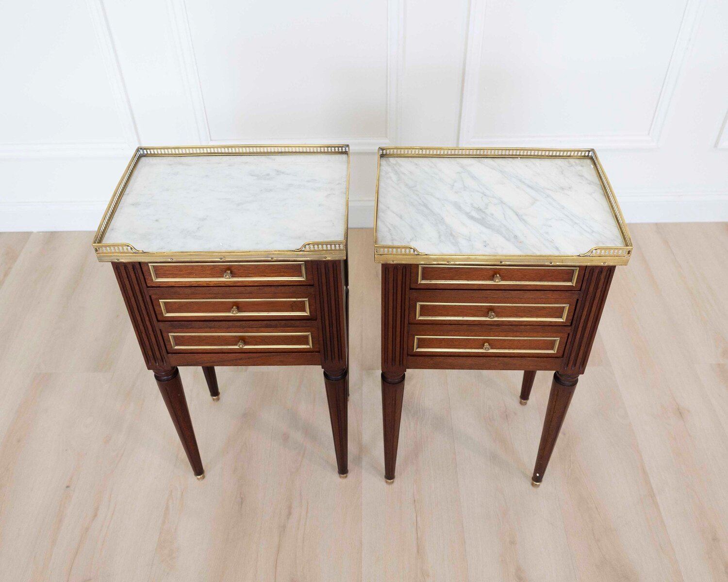 Pair of French 20th Century Louis XVI Style Mahogany Marble-Top Bedside Tables - JAA