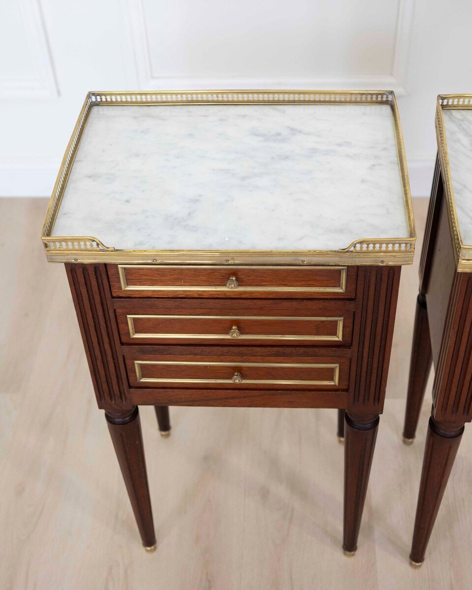 Pair of French 20th Century Louis XVI Style Mahogany Marble-Top Bedside Tables - JAA