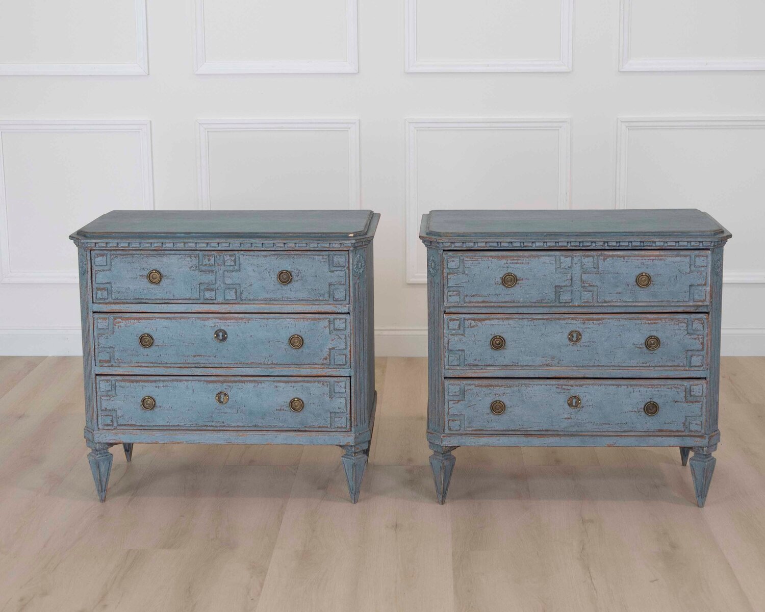 Pair of Scandinavian 20th Century Carved Painted Chests of Drawers - JAA