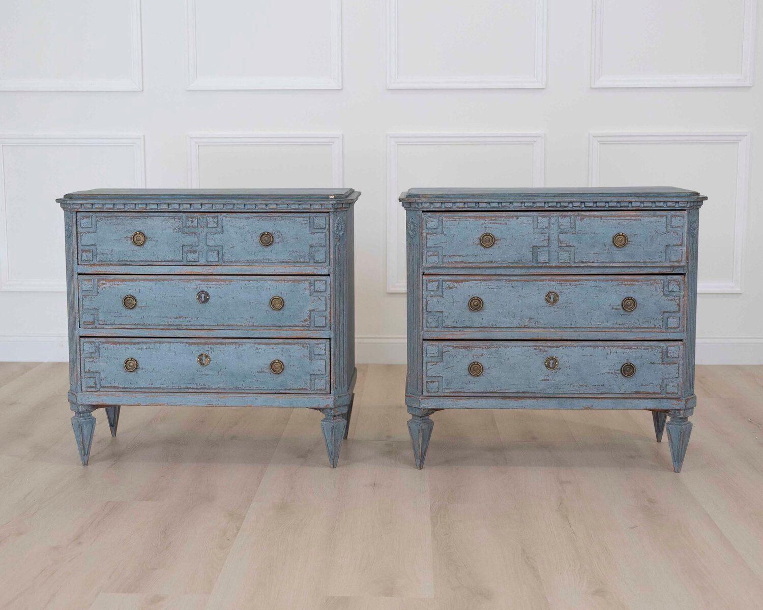 Pair of Scandinavian 20th Century Carved Painted Chests of Drawers - JAA